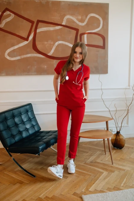Spodnie medyczne damskie wiskoza scrubs Basic w kolorze Poppy