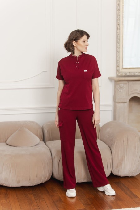 Spodnie medyczne damskie wiskoza scrubs Wide w kolorze Burgundy